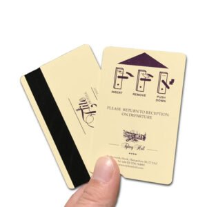 Custom PVC hotel key cards with HiCo / LoCo magnetic stripes, ideal for room access, time attendance, and POS systems. Durable, fully printable with your hotel branding and optional barcode/serial number.